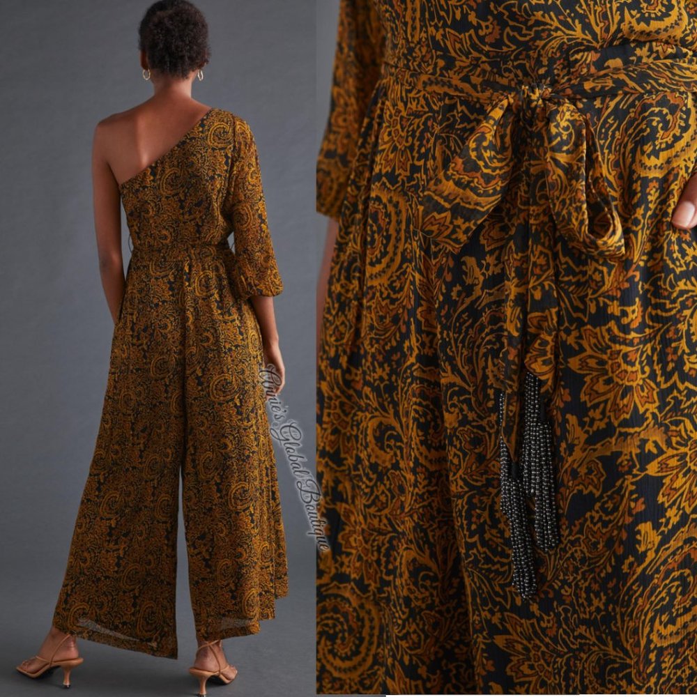 RARE NWT ANTHROPOLOGIE Ollari Paisley Tasseled One-Shoulder Jumpsuit. Size L - Picture 7 of 16